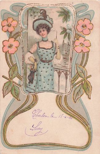 Lithographie Elegante Dame mit Brille, Jugendstil