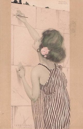 1901 sgd. Raphael Kirchner „Hübsches Mädchen schreibt an die Wand“ Postkarte