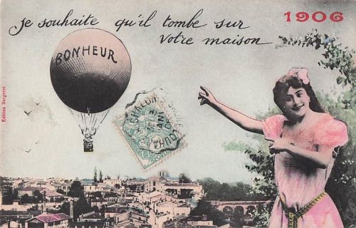 Fantasie-Luftfahrt 1905 Bergeret Französische Fantasie-Postkarte, Heißluftballon, Frau