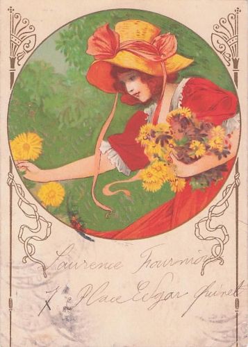 Illustration einer Frau mit einem großen Hut und Fächer, die an den französischen Jugendstil