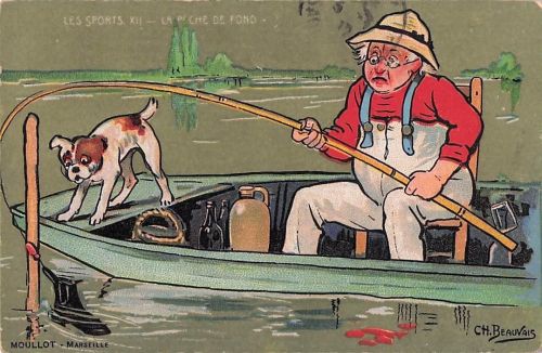 Dies ist eine humorvolle Postkarte aus der Serie "Les Sports" mit dem Titel "La pêche de fond" (Grundfischen).
