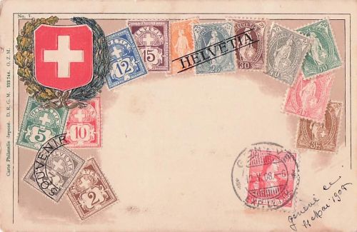 Ansichtskarte Gruppe von Briefmarken und Schweizer Wappen