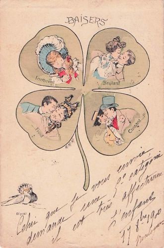 Kuss auf einem vierblättrigen Kleeblatt, 1905, französische Künstler-signierte Postkarte - Farblithografie
