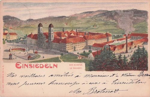 Künstler-Ansichtskarte Einsiedeln, Das Kloster aus der Vogelschau