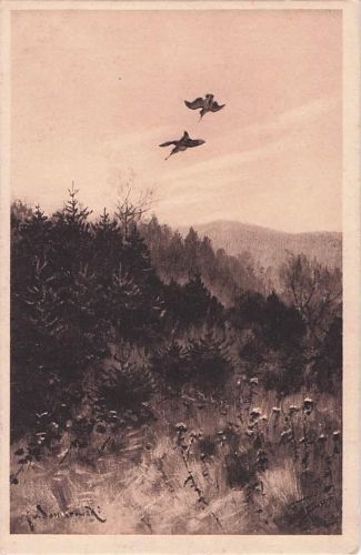 Künstler-Ansichtskarte Waldlandschaft mit fliegenden Vögeln