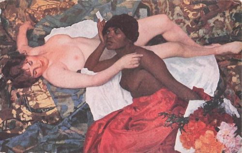 Original 1900s erotische Postkarte, orientalistische Bettszene