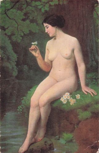 Kamillenblüte, nackte Badende, Eiche, zaristisches Russland, Salon-Postkarte