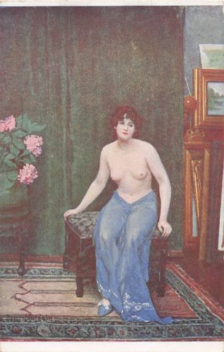 Postkarte zeigt ein Gemälde des Künstlers René Schützenberger mit dem Titel "Le paravent fleuri", welches eine sitzende Frau vor