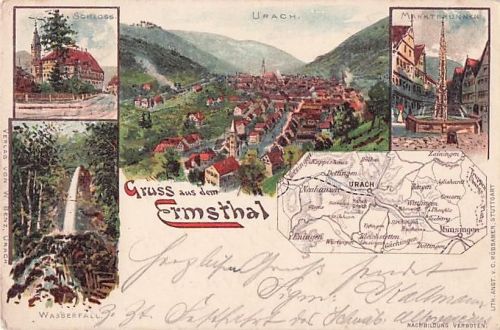 Lithografie-Postkarte "Gruss aus dem Ermsthal" zeigt eine Gesamtansicht von Urach