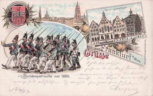 Lithographie Alt-Frankfurt, Römer und alte Häuser, Bundespatrouille vor 1866