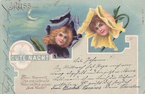 Ansichtskarte Blumen mit Mädchenköpfen, gute Nacht!