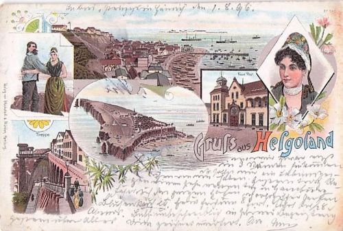 Lithographie Helgoland, Treppe, Steilufer, Helgoländer Paar, Gesamtansicht, Gesamtansicht