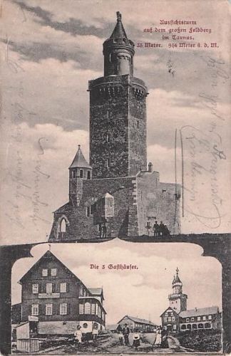 Ansichtskarte Feldberg /Taunus, Aussichtsturm, Strassenpartie mit drei Gasthäusern