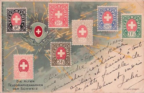 Ansichtskarte Die Alten Telegraphenmarken der Schweiz, 7 Briefmarken, Blitze am Himmel