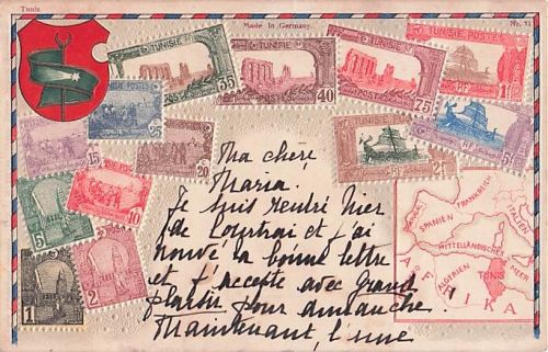 Postkartencollage mit tunesischen Briefmarken