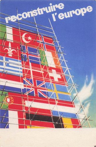 Europäisches Wiederaufbauprogramm des Zweiten Weltkriegs, Marshallplan 1948, Werbepostkarte mit Flaggen
