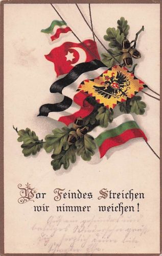 Flaggen der Mittelmächte des Ersten Weltkriegs, darunter Deutschland, Österreich-Ungarn und das Osmanische Reich.