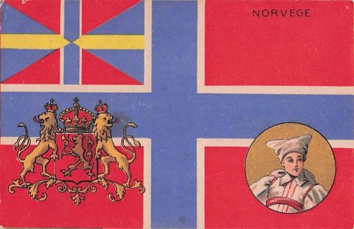 Norwegen Flagge Wappen Ethnische Dame Mode Original alte Postkarte aus den 1900er Jahren