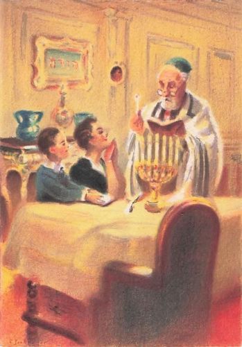 Judaica Alte jüdische Postkarte Tefillin in der Synagoge