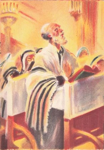 Judaica Alte jüdische Postkarte Tefillin in der Synagoge