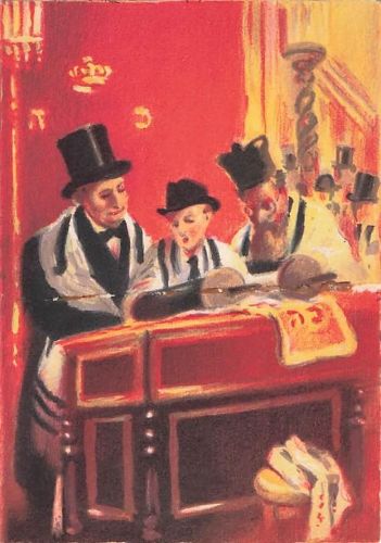 Judaica Alte jüdische Postkarte Tefillin in der Synagoge