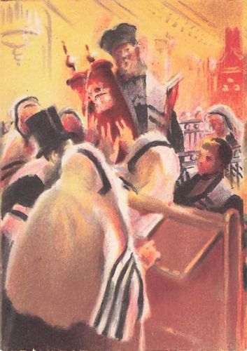 Judaica Alte jüdische Postkarte Tefillin in der Synagoge