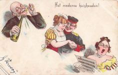 humorvolle alte Ansichtskarte mit der niederländischen Aufschrift „Het moderne huishouden!“ (Der moderne Haushalt!).