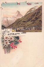 Lithografie-Ansichtskarte von Zermatt mit dem Matterhorn