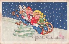 AK Glückwunsch Weihnachten, Kinder, Engel, Schlitten, Tannenbaum