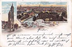 Lithographie Braunschweig, Andreas-Kirche, Totalansicht vom Wasserturm
