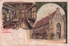 Künstler-Ansichtskarte C.Biese: Nürnberg, Bratwurstglöcklein, Aussen- und Innenansicht