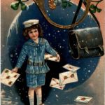 Kinder mit Posthorn - Prägekarte