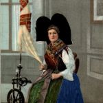 Elsässerin - Spinnrad mit Stoff - Prägekarte