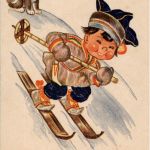 Lappland - Kind mit Hund Ski - Sign. Tilgmann