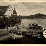 Saalburg/Thür., Stausee mit HO-Gaststätte Kranich und Bootsanlegestelle