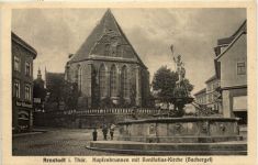 Arnstadt in Thür., Hopfenbrunnen mit bonifatius-Kirche Bachorgel