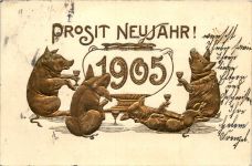 Neujahr - Jahreszahl - Prägekarte Schweine