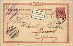 Ganzsache mit Antwortteil gelaufen in Unna 1893
