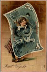 Neujahr - Geld auf Ansichtskarte - Prägekarte