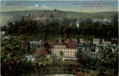 Greiz, Blick vom reissberg auf neue Bürgerschule und oberes Schloss