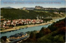 Bad Schandau mit Bahnhof, Schrammsteine und Grosser Winterberg