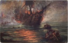 Künstler Ak Jansen - Brennendes Schiff