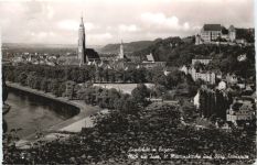 Landshut, Blick zur Isar, St. Martinskirche und Burg Trausnitz