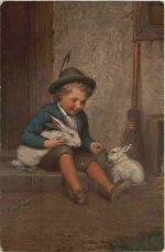 Kind mit Hasen - Künstler Ak Aloys Binder
