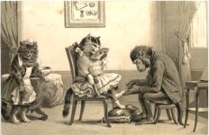 Affe mit Katzen - Litho Prägekarte