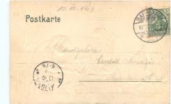 Affe mit Katzen - Litho Prägekarte