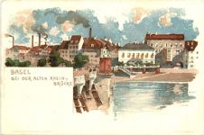 Basel - Bei der alten Rheinbrücke - Litho