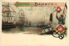 Gruss aus Hamburg - Segelschiffhafen - Litho