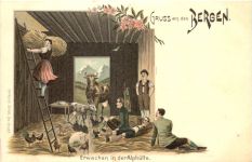 Souvenir des Alpes - Litho - Erwachen in der Alphütte