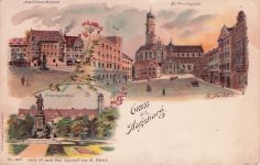 Lithographie Augsburg, Friedensdenkmal, Maximilians-Museum, St. Ulrichkirche
